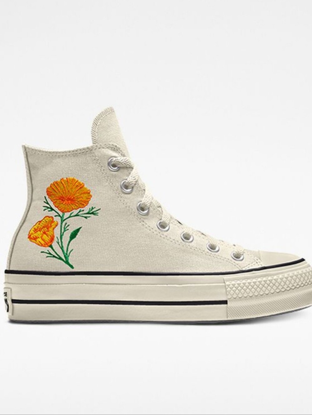 Converse White Platform Sneakers With Poppy Flower Embroidery Womens 5.5